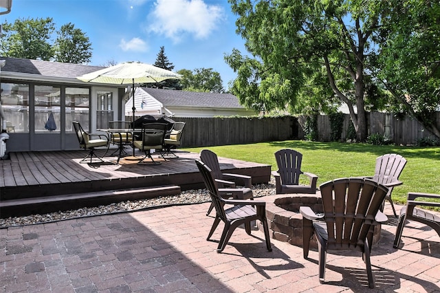 3832 Richmond Ave, Des Moines, IA 50317 - fenced backyard with an outdoor fire pit, a deck, a patio area, and outdoor dining space