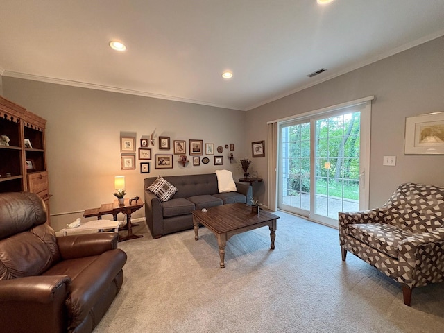8844 Meredith Dr, Urbandale, IA 50322 - living room featuring ornamental molding, light carpet, and recessed lighting