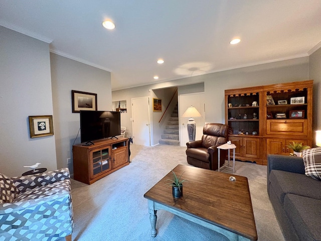 8844 Meredith Dr, Urbandale, IA 50322 - living area with light carpet, stairs, ornamental molding, and recessed lighting