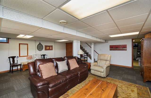 1506 S 14th St, Adel, IA 50003 - carpeted living room featuring stairs and a paneled ceiling