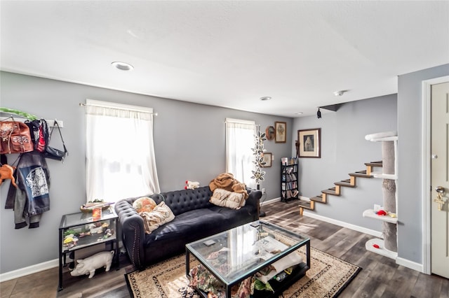 3935 8th St, Des Moines, IA 50313 - living area featuring stairs, recessed lighting, and dark wood-style floors