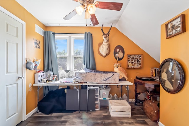 3935 8th St, Des Moines, IA 50313 - home office with ceiling fan, wood finished floors, and vaulted ceiling
