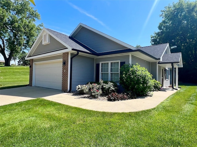 8 Chancery Ct, Newton, IA 50208 - view of side of property featuring a shingled roof, a garage, a lawn, brick siding, and driveway
