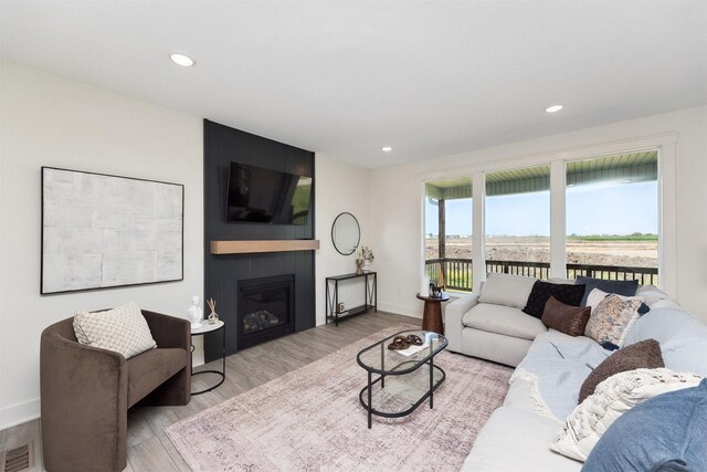 4774 172nd Way, Urbandale, IA 50323 - living room featuring wood finished floors, a large fireplace, and recessed lighting