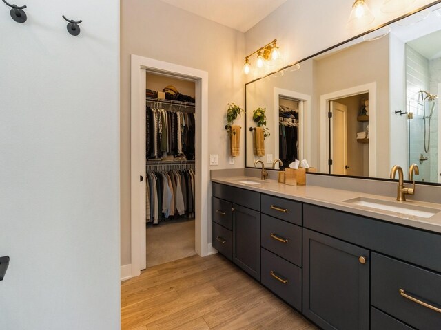 2013 Autumn Blaze Dr, Norwalk, IA 50211 - bathroom with double vanity, a spacious closet, wood finished floors, and a stall shower