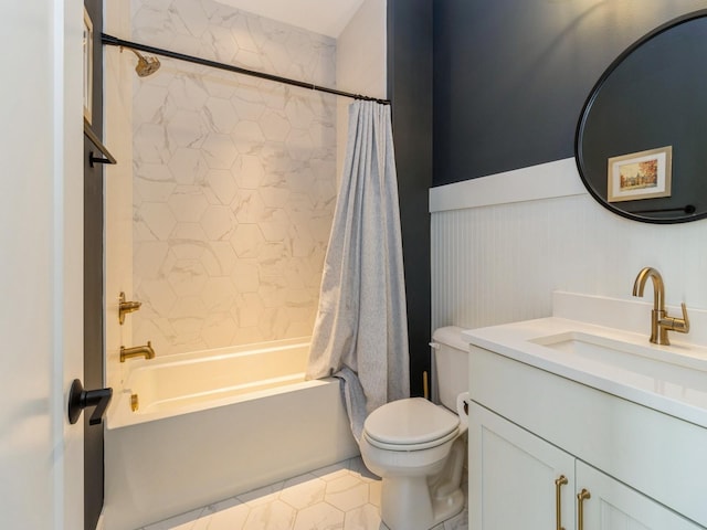 2013 Autumn Blaze Dr, Norwalk, IA 50211 - full bathroom with vanity, shower / bath combo, tile patterned floors, and wainscoting