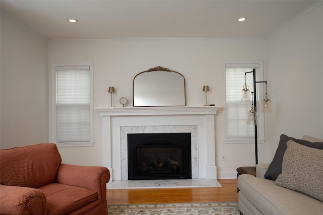 5625 Kingman Ave, Des Moines, IA 50311 - living area featuring wood finished floors, ornamental molding, a high end fireplace, and recessed lighting