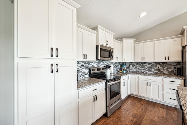 629 Mallard Pointe Dr NW, Bondurant, IA 50035 - kitchen with appliances with stainless steel finishes, vaulted ceiling, tasteful backsplash, light stone countertops, and dark wood-style floors