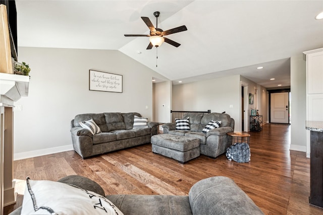 629 Mallard Pointe Dr NW, Bondurant, IA 50035 - living room featuring a ceiling fan, lofted ceiling, wood finished floors, and recessed lighting