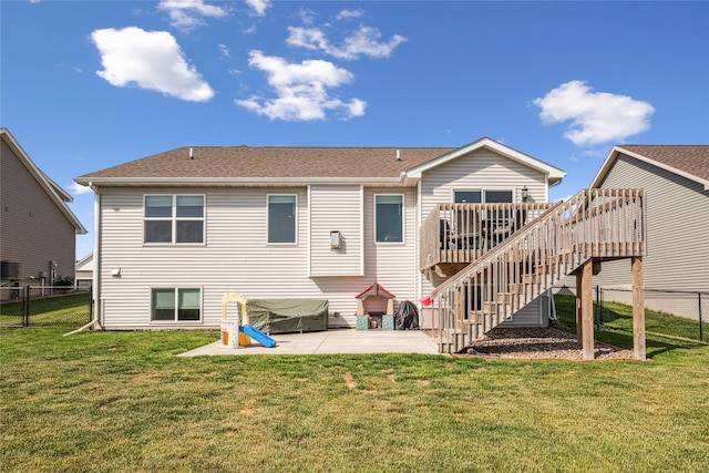 629 Mallard Pointe Dr NW, Bondurant, IA 50035 - rear view of property featuring a patio area, a wooden deck, stairs, and a shingled roof