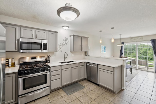 601 Orchard Hills Dr Unit 7006, Norwalk, IA 50211 - kitchen featuring stainless steel appliances, gray cabinets, a peninsula, a textured ceiling, and light countertops