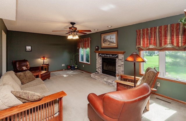 3806 Columbine Ave, Ames, IA 50010 - living room featuring carpet, a fireplace, and a ceiling fan