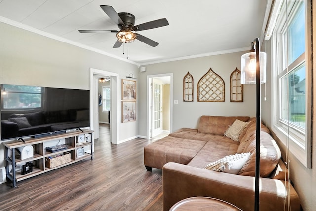 510 Maple Ave, Woodward, IA 50276 - living area featuring dark wood finished floors, ceiling fan, and ornamental molding