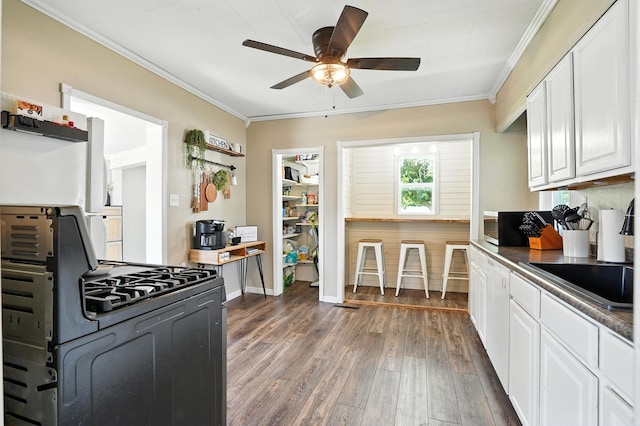 510 Maple Ave, Woodward, IA 50276 - kitchen with black range with gas stovetop, a ceiling fan, ornamental molding, dark wood-style floors, and white cabinets