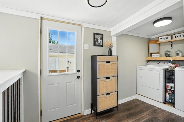 510 Maple Ave, Woodward, IA 50276 - washroom featuring washing machine and clothes dryer and dark wood finished floors