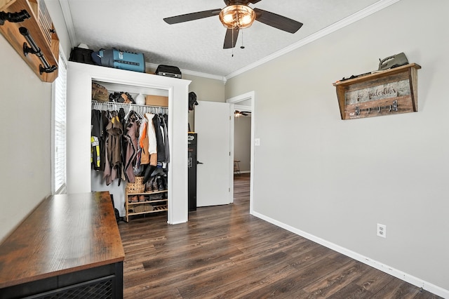 510 Maple Ave, Woodward, IA 50276 - bedroom featuring crown molding, wood finished floors, a closet, and ceiling fan