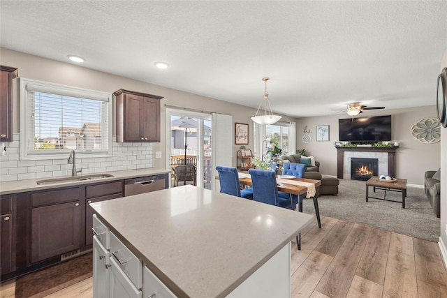 2718 NW 23rd St, Ankeny, IA 50023 - kitchen with dishwasher, a fireplace, light wood-style floors, decorative backsplash, and light countertops
