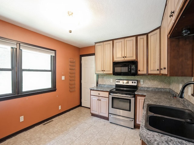 1509 Del Matro Ct, Windsor Heights, IA 50324 - kitchen featuring black microwave, stainless steel electric stove, tasteful backsplash, and light tile patterned floors