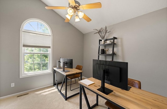 145 SE Kellerman Ln, Waukee, IA 50263 - office with vaulted ceiling, light colored carpet, and a ceiling fan
