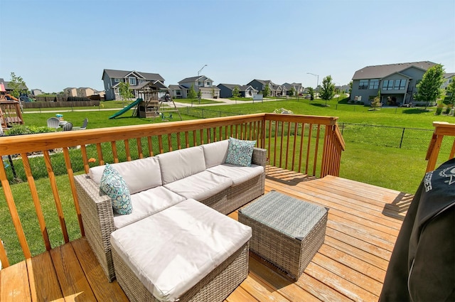 2845 SE Bluestem Dr, Waukee, IA 50263 - wooden deck with a residential view, a playground, an outdoor living space, and a fenced backyard