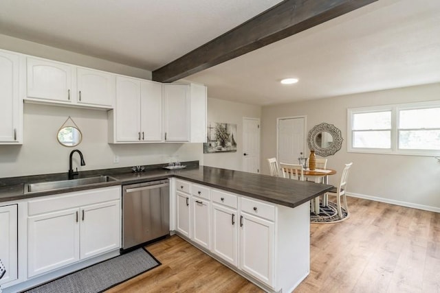 3901 Lawnwoods Dr, Des Moines, IA 50310 - kitchen with dishwasher, beam ceiling, a peninsula, dark countertops, and white cabinetry