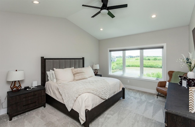 16320 Northpark Dr, Urbandale, IA 50323 - bedroom featuring light colored carpet, recessed lighting, lofted ceiling, and a ceiling fan
