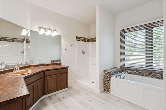 303 Trevor Ct, Norwalk, IA 50211 - bathroom with wood finished floors, a garden tub, walk in shower, and vanity