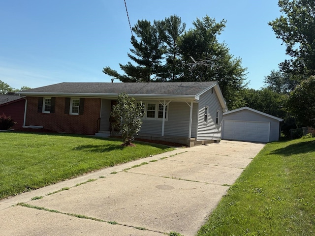 3909 75th St, Urbandale, IA 50322 - ranch-style home with an outdoor structure, a garage, a front lawn, and brick siding