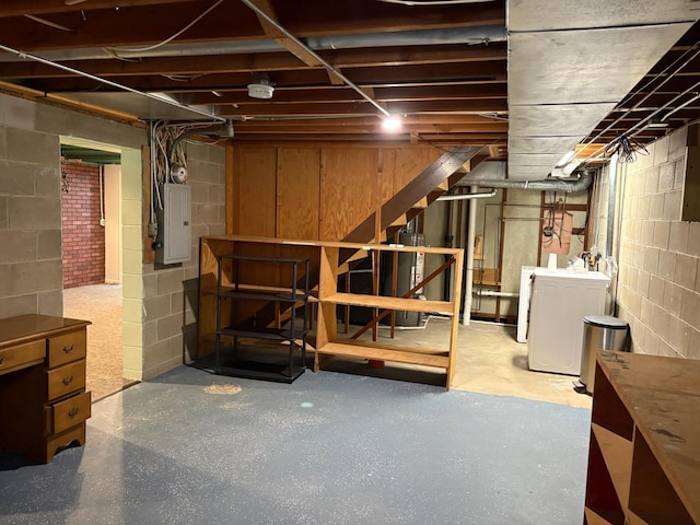 3909 75th St, Urbandale, IA 50322 - unfinished below grade area featuring washing machine and dryer, electric panel, and stairs