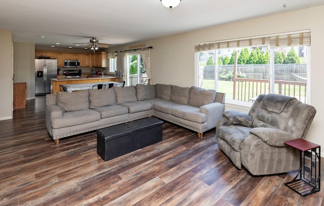 1695 Pease Dr, Pleasant Hill, IA 50327 - living room with dark wood-style floors, a ceiling fan, and recessed lighting