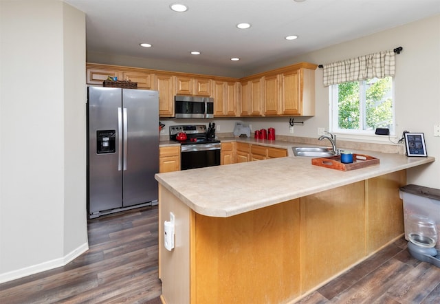 1695 Pease Dr, Pleasant Hill, IA 50327 - kitchen featuring appliances with stainless steel finishes, dark wood-type flooring, a peninsula, light countertops, and recessed lighting