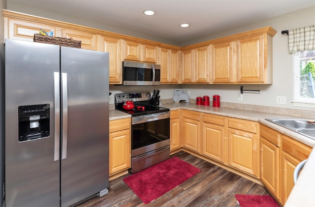 1695 Pease Dr, Pleasant Hill, IA 50327 - kitchen with appliances with stainless steel finishes, dark wood-type flooring, light countertops, recessed lighting, and light brown cabinets