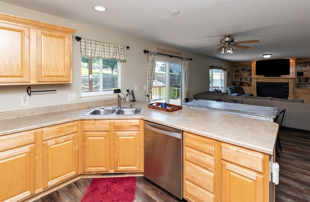 1695 Pease Dr, Pleasant Hill, IA 50327 - kitchen with dishwasher, a peninsula, light brown cabinetry, a fireplace, and plenty of natural light