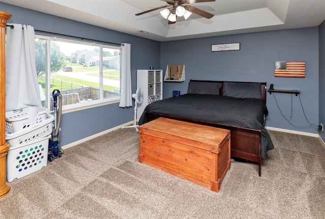 1695 Pease Dr, Pleasant Hill, IA 50327 - bedroom with carpet, a tray ceiling, and a ceiling fan