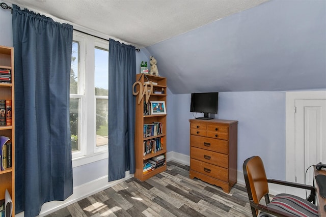 404 W Salem Ave, Indianola, IA 50125 - home office featuring lofted ceiling, wood finished floors, and a textured ceiling