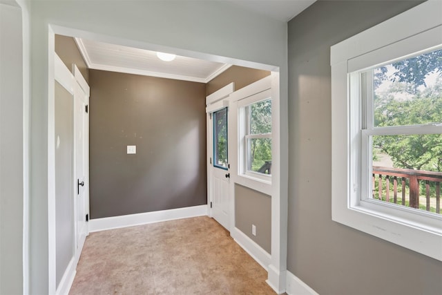 3907 50th St, Des Moines, IA 50310 - doorway to outside featuring carpet flooring and ornamental molding
