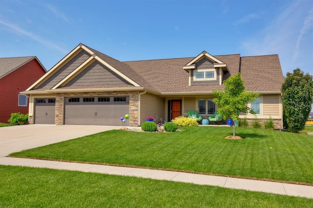 2100 NW Prairie Creek Dr, Grimes, IA 50111 - craftsman-style home featuring stone siding, a garage, a front lawn, driveway, and roof with shingles