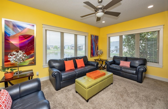 2100 NW Prairie Creek Dr, Grimes, IA 50111 - living area with a ceiling fan, carpet flooring, and recessed lighting