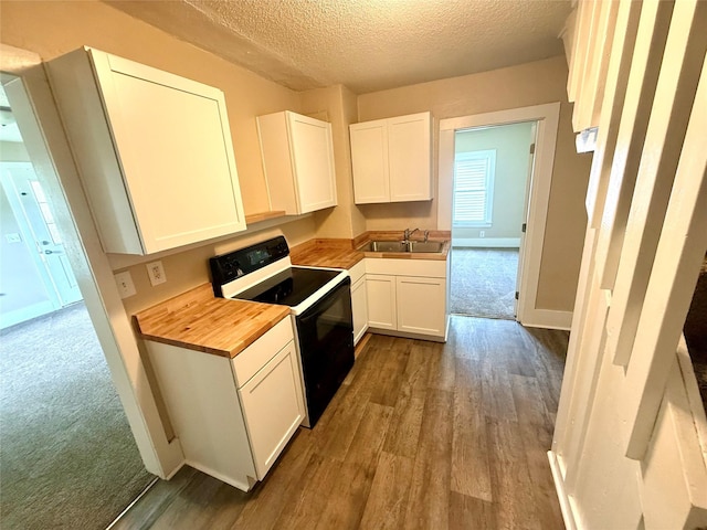 906 Rittenhouse St, Des Moines, IA 50315 - kitchen with electric range oven, butcher block countertops, dark wood finished floors, white cabinetry, and a textured ceiling