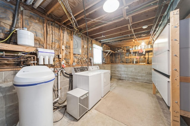 2424 Guenever Ct, Altoona, IA 50009 - below grade area with washer and dryer, a water softener, and electric panel