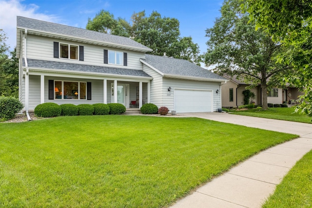 2207 Buchanan Dr, Ames, IA 50010 - traditional-style home featuring driveway, an attached garage, a front lawn, a porch, and a shingled roof