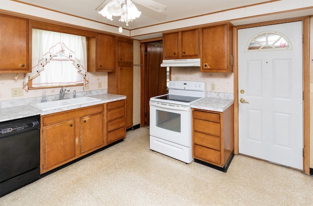 931 Pleasant View Dr, Des Moines, IA 50315 - kitchen with white electric range, black dishwasher, under cabinet range hood, brown cabinets, and light countertops