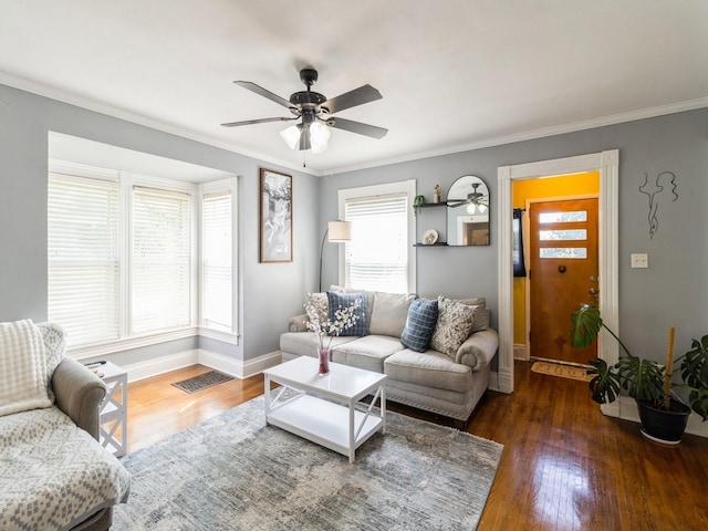 310 Greene St, Boone, IA 50036 - living room with a ceiling fan, healthy amount of natural light, wood finished floors, and crown molding