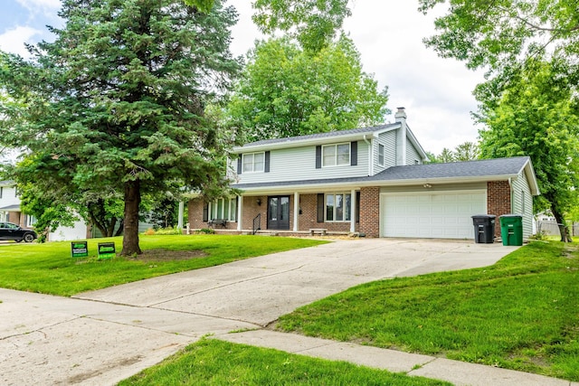 2908 Woodland Ave, West Des Moines, IA 50266 - traditional home with brick siding, an attached garage, a chimney, driveway, and a front lawn