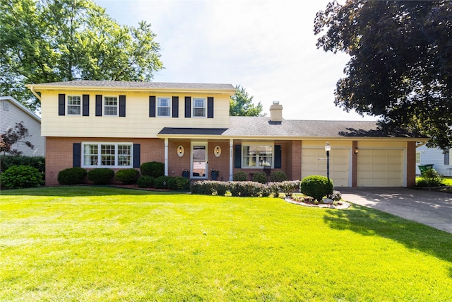 1809 79th St, Windsor Heights, IA 50324 - view of front of house with brick siding, an attached garage, concrete driveway, a front lawn, and a chimney
