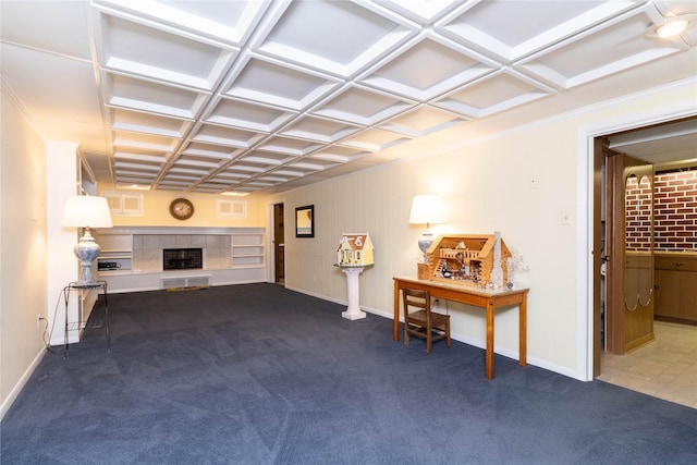 1809 79th St, Windsor Heights, IA 50324 - living area featuring coffered ceiling, carpet floors, and a fireplace