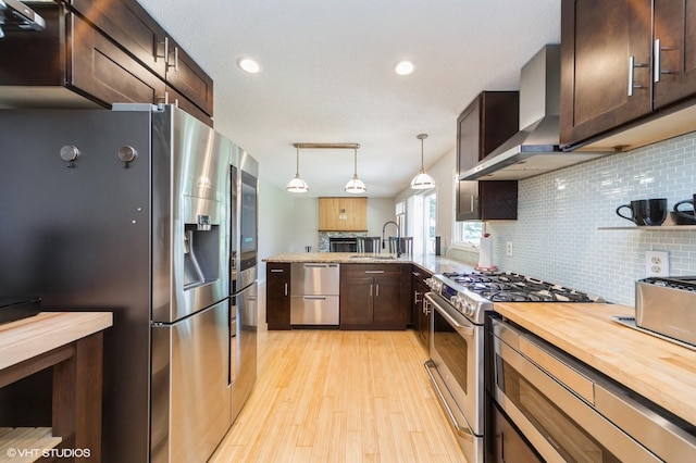 2729 Meadow Point Ct, West Des Moines, IA 50265 - kitchen with stainless steel appliances, wall chimney exhaust hood, dark brown cabinetry, light wood-style floors, and tasteful backsplash