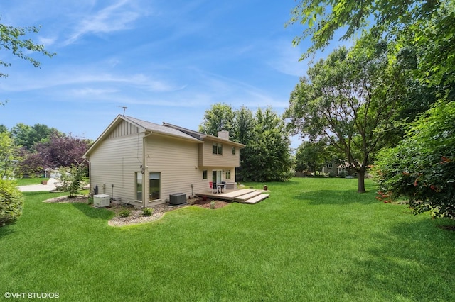 2729 Meadow Point Ct, West Des Moines, IA 50265 - view of side of home featuring a chimney, a lawn, a wooden deck, and board and batten siding