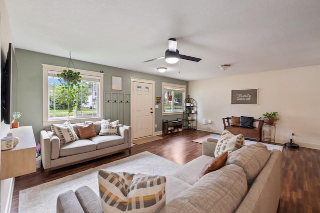 4034 6th Ave, Des Moines, IA 50313 - living room with healthy amount of natural light, a ceiling fan, and dark wood-type flooring