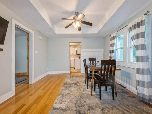 715 N Fremont St, Stuart, IA 50250 - dining area featuring a tray ceiling, light wood finished floors, and ceiling fan